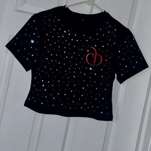 NWOT Black Crop Top with Rhinestone Detailing and Cherry Drip Logo